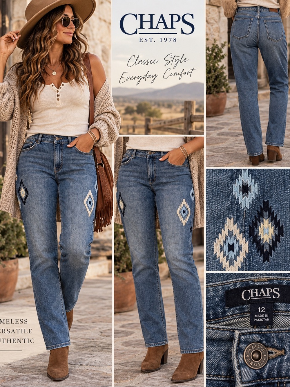 CHAPS Jeans Southwestern Embroidered Accent Straight leg Stretch Size 18w #761CL